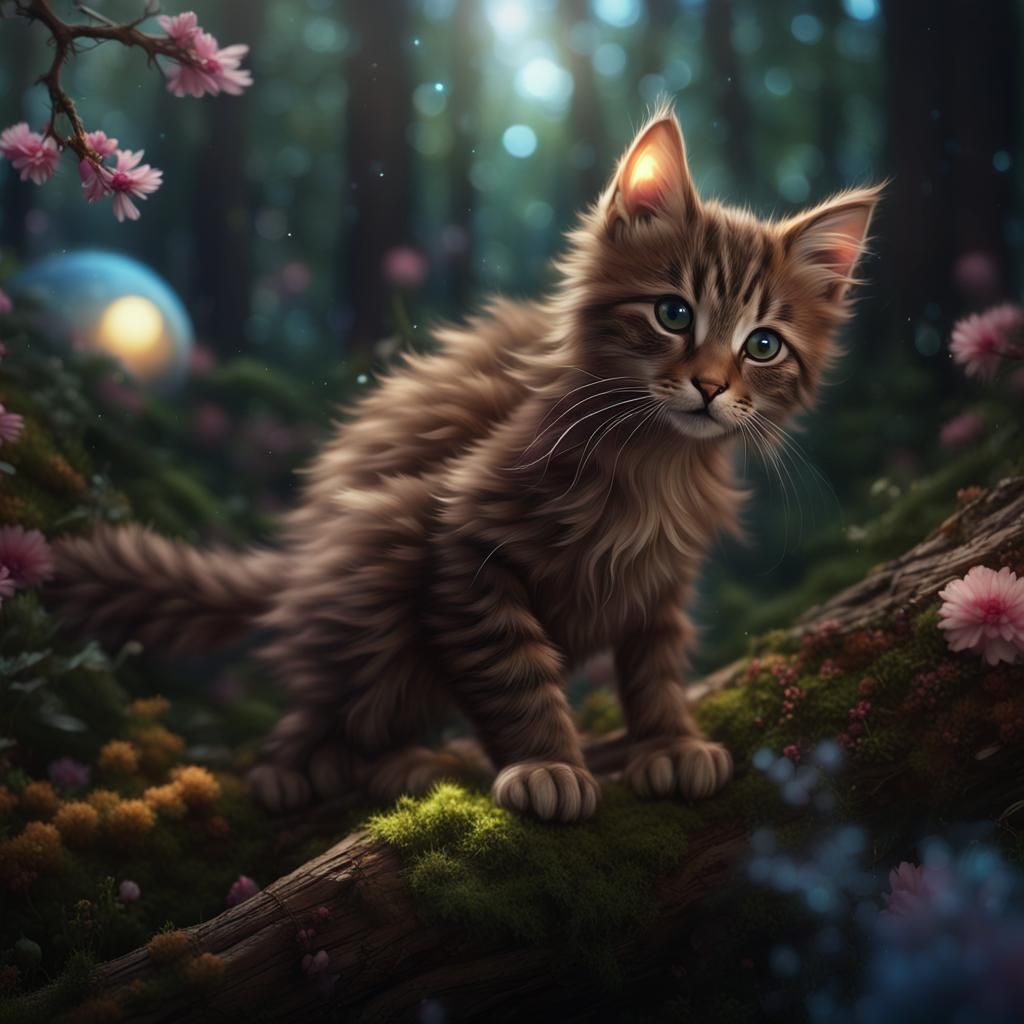 Fluffy Kitten in Enchanted Forest, Detailed Matte Painting