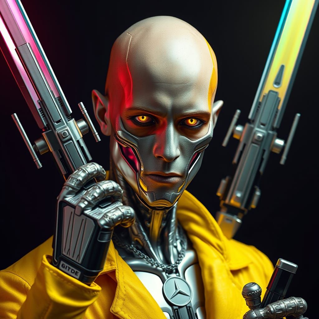 Cybernetic Assassin in Dark, Surreal Attire