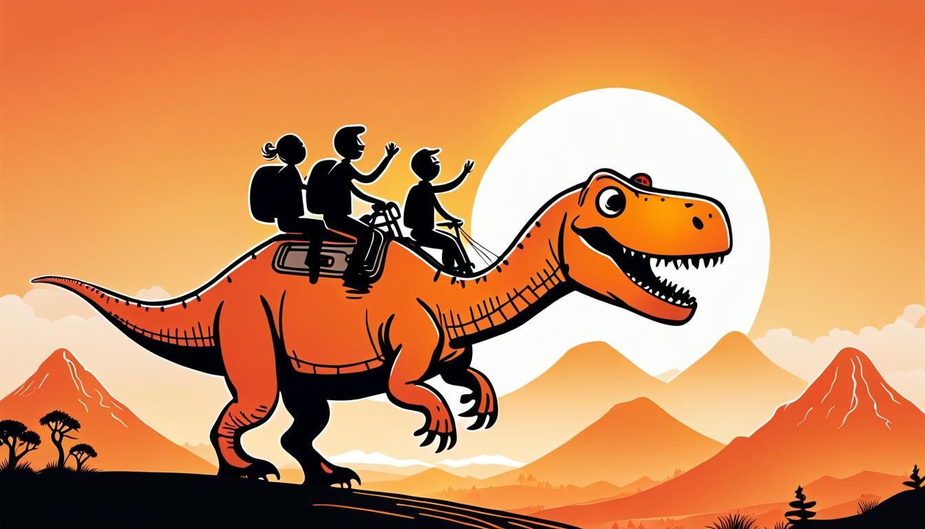 Stick Figures on T-Rex Ride into Sunset