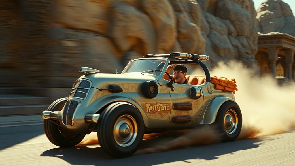 Turbo-Charged Flintstone Car Speeds Through Bedrock
