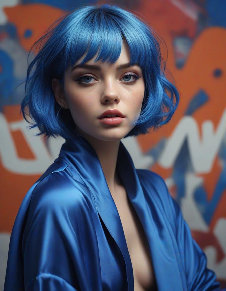 Fashion Model Posing in Blue Silk Graffiti Studio