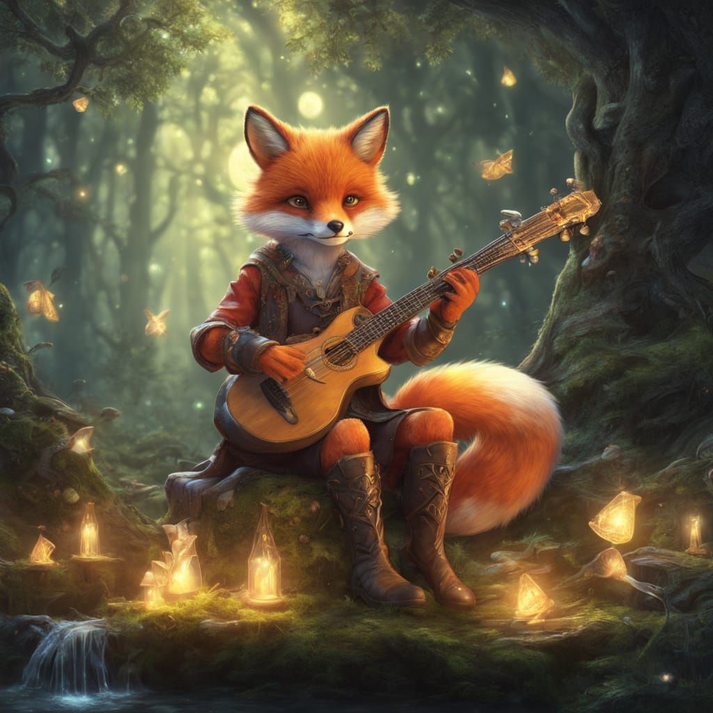 Fox Bard in Enchanted Forest, Fantasy Art