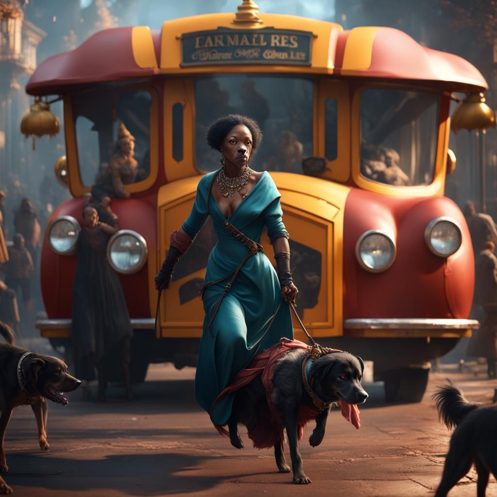 Dog Dragging Meat with Woman: Detailed Matte Painting