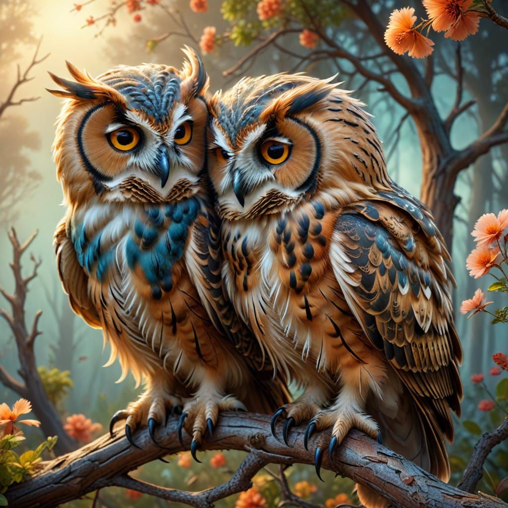 Fantasy Owl Lovers Embrace in Summer Light