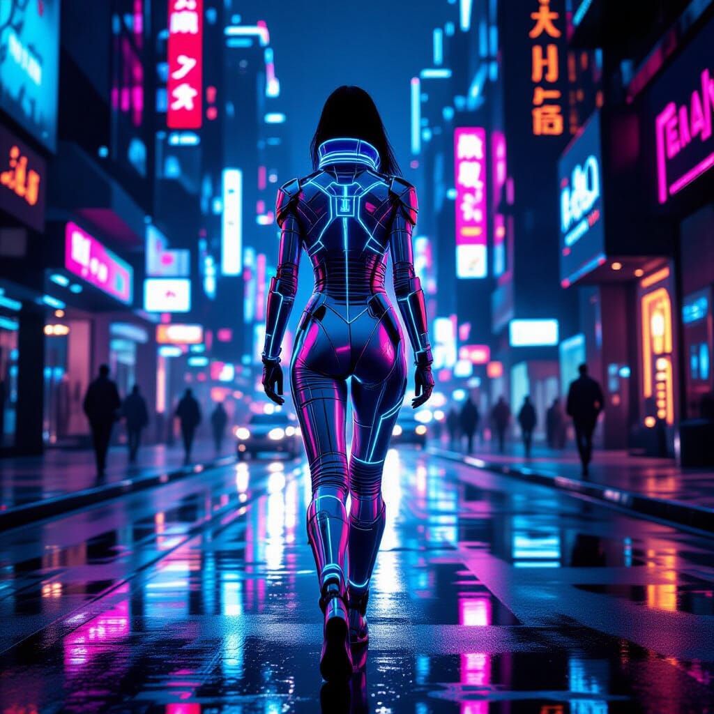 Woman in Chrome Bodysuit Walks Cyberpunk City Streets