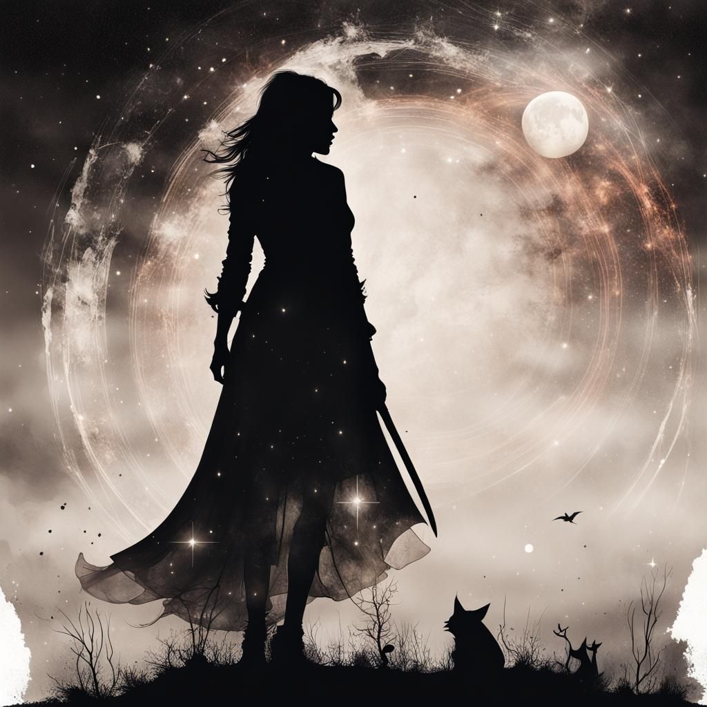 Silhouette Witch in Space with Double Exposure Effect