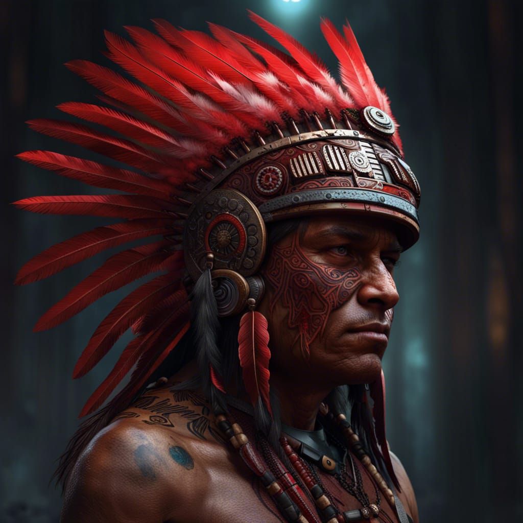 Cyborg Native American Man: Dark Fantasy Portrait