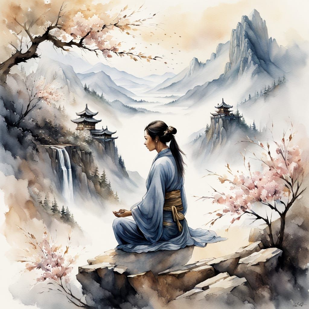 Serene Chinese Landscape with Meditating Figure in Watercolo...