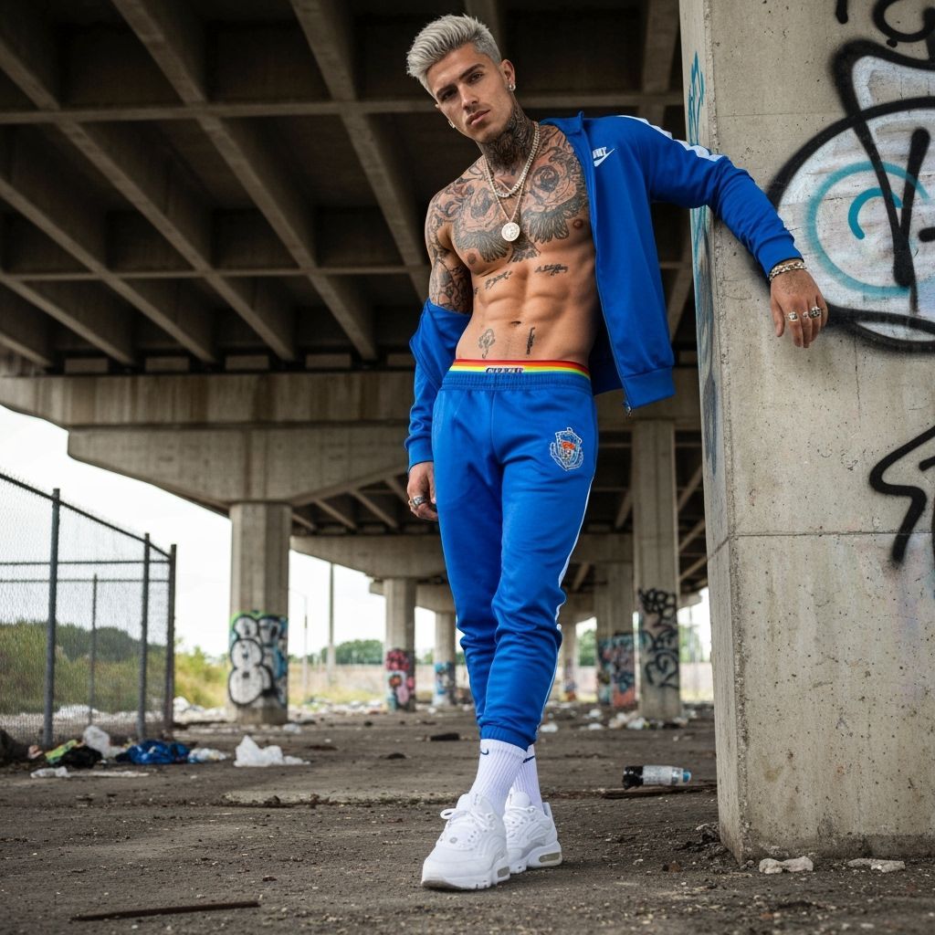 Tattooed Male Model in Urban Industrial Setting