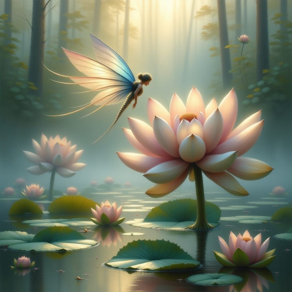 Radiant Fairy on Lotus Flower at Dawn