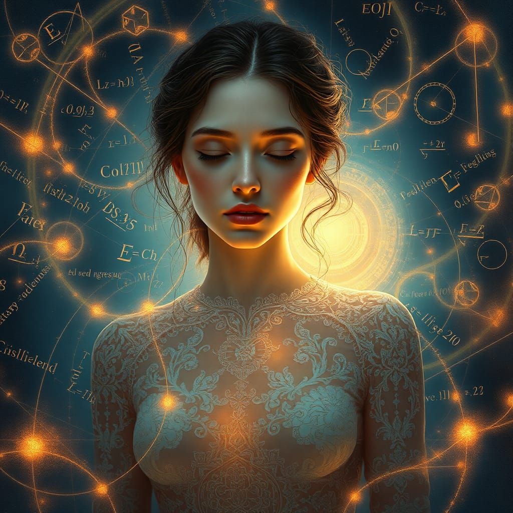 Serene Woman Amidst Glowing Mathematical Vortex