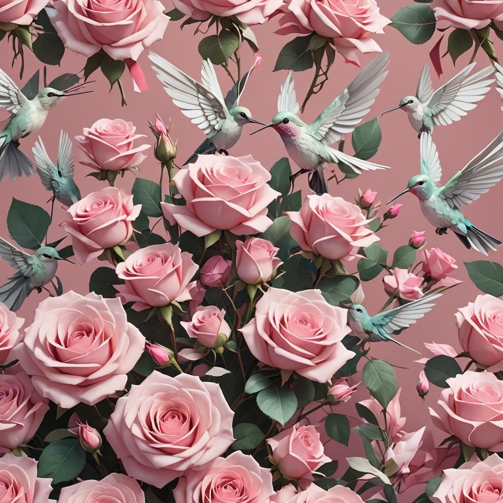 Pink Roses and Hummingbirds in 3D Anime Style