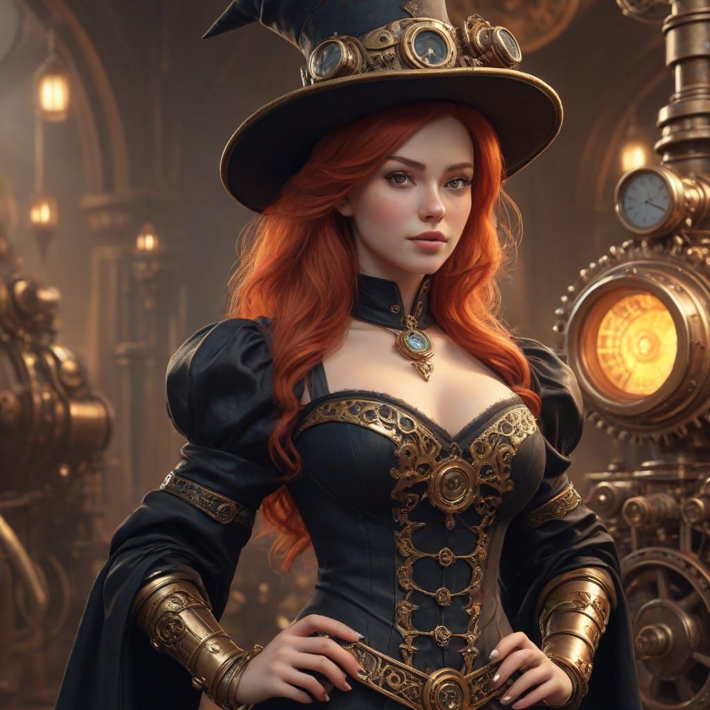 Redheaded Witch Before Steampunk Engine