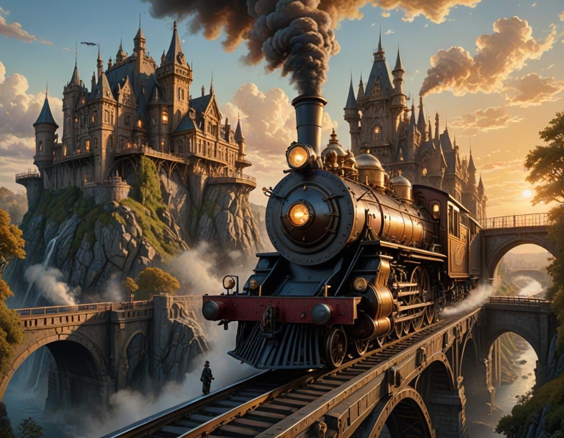 Steampunk Train Crossing Bridge in Golden Hour Oil Painting