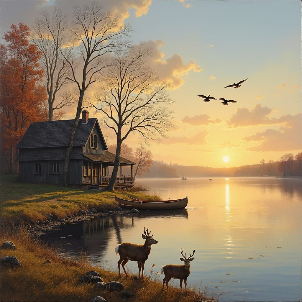 Lakeside Sunrise with Geese and Deer
