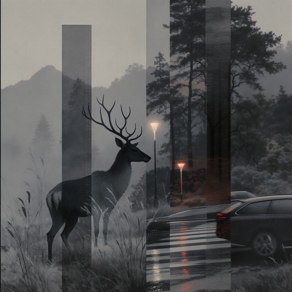 Melancholic Deer in Misty Japanese Mosaic Illustration