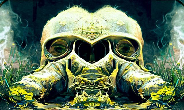 Disturbing Gas Mask Mystery in Dark Surreal Style