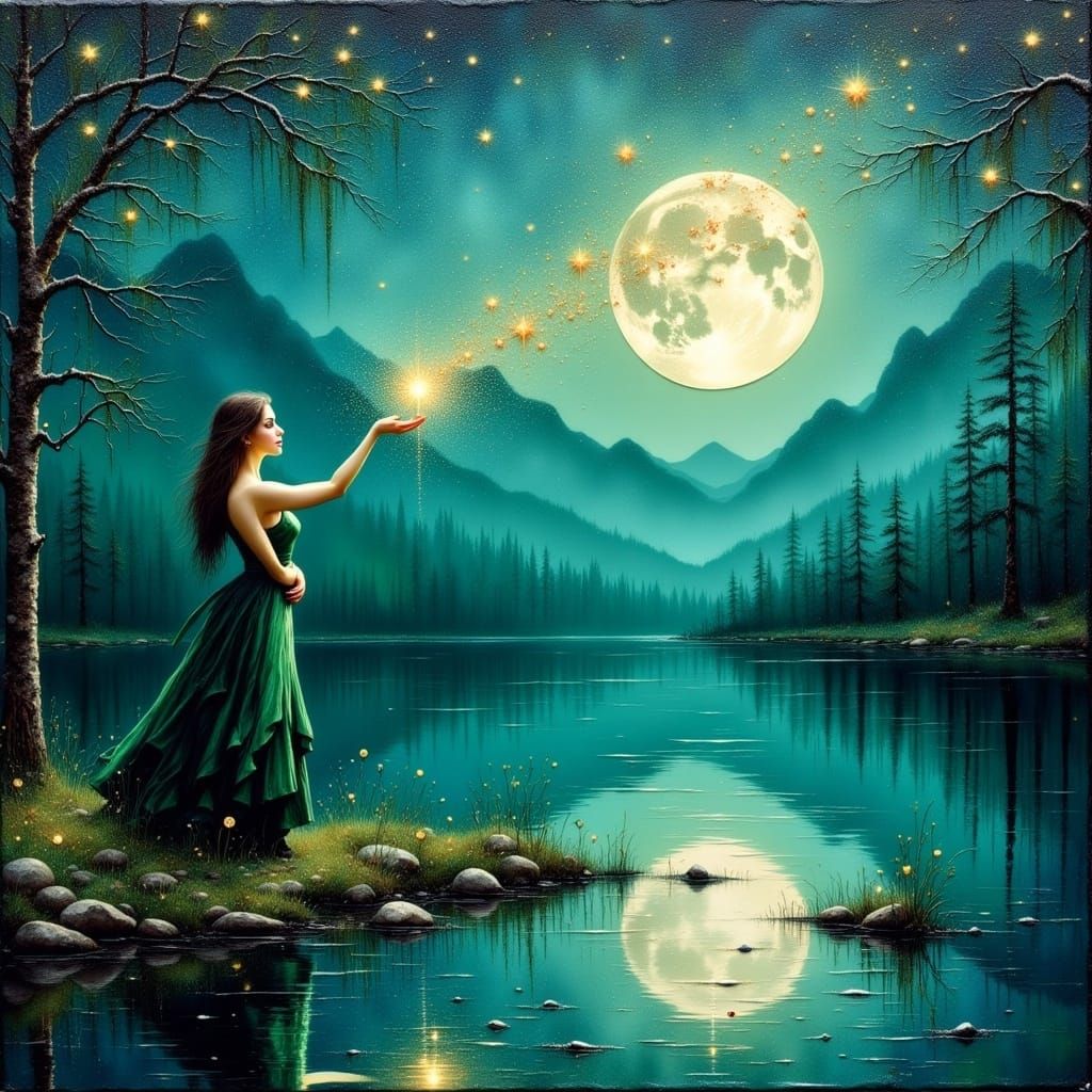 Moonlit Lake: Woman Blowing Stars, Impasto Oil Painting