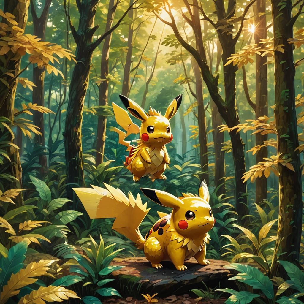 Golden Pokemon in Lush Forest, Cinematic Oil Painting
