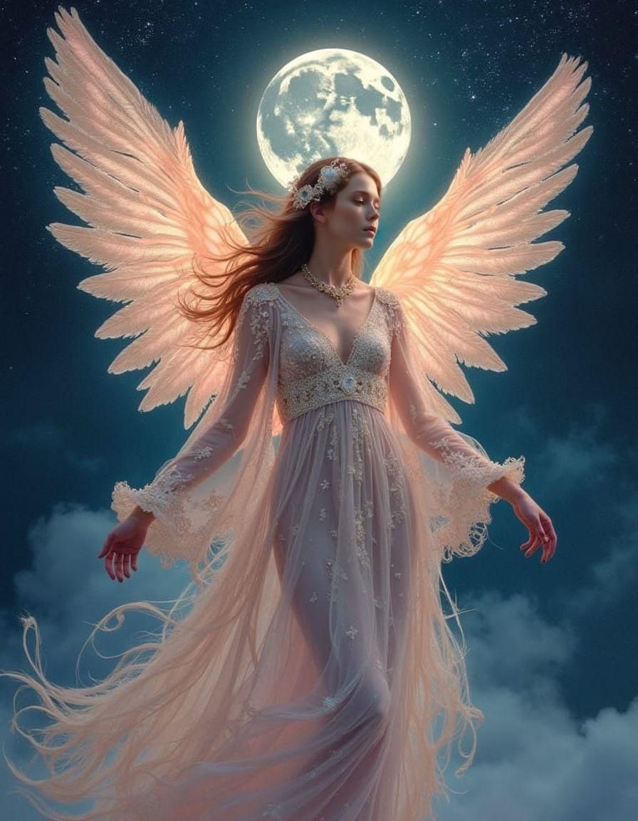 Angel in Celestial Robes with Iridescent Feathers