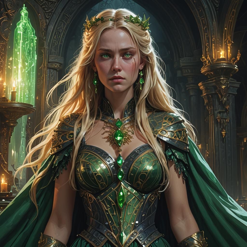 Mysterious Woman with Artifact in Fantasy Chamber