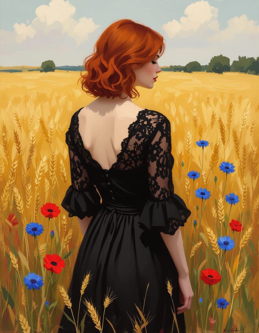 Woman in Wheat Field: Neo-Impressionist Oil Painting