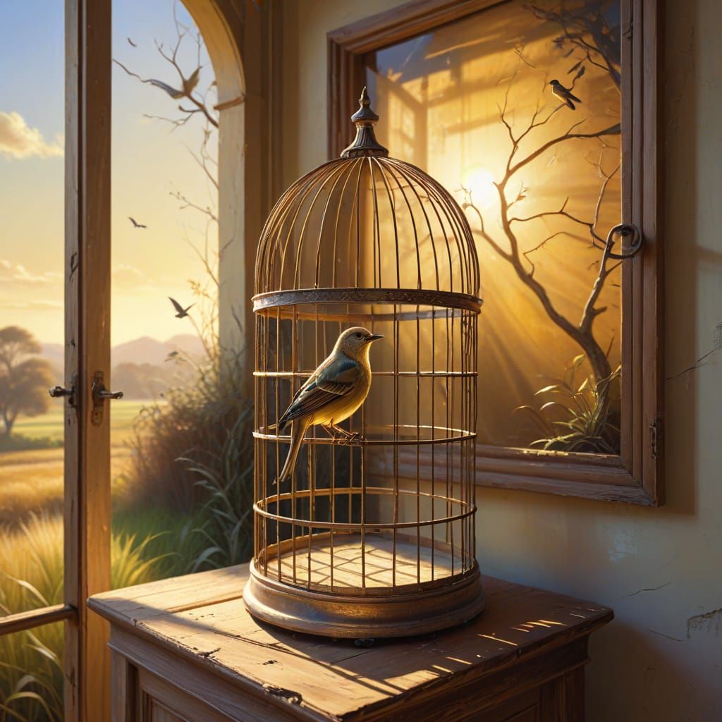 Surreal Birdcage in Sunlit Landscape Oil Painting
