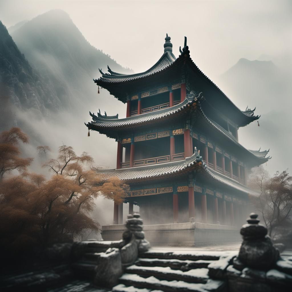 Chinese Temple in Misty Winter Mountains, Cinematic
