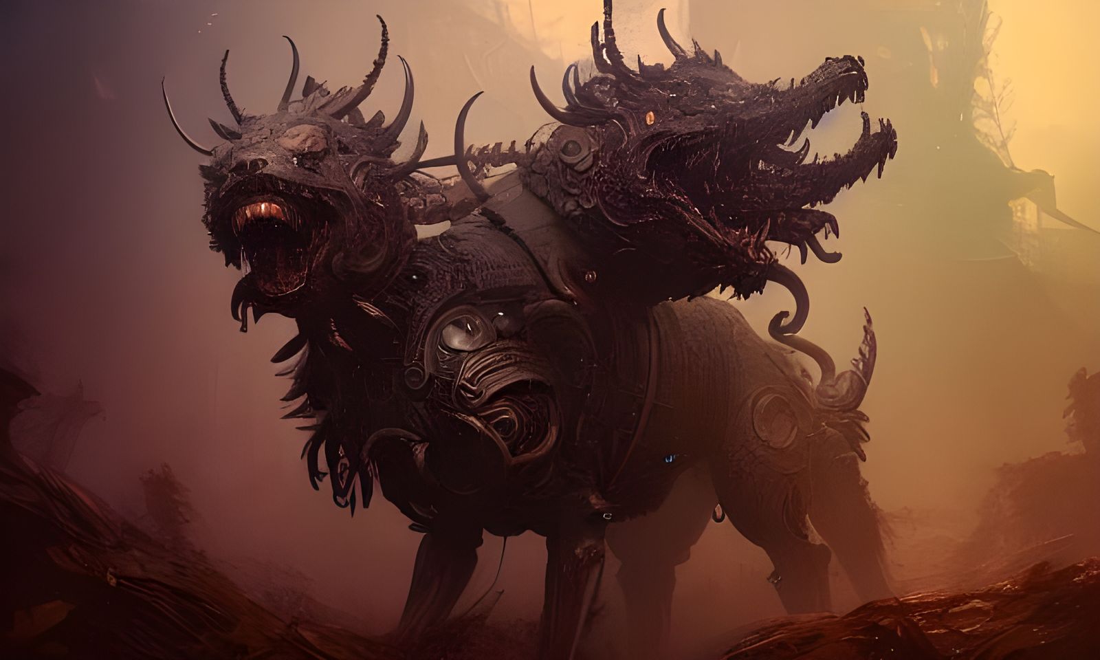 Detailed Cerberus Fantasy Art with Sun Rays