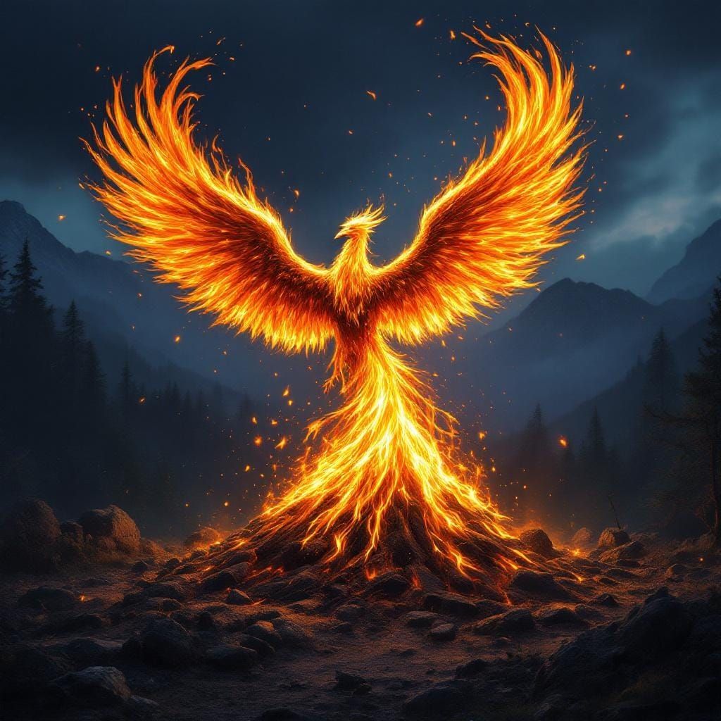 Burning Phoenix Rising from Ashes in Forest