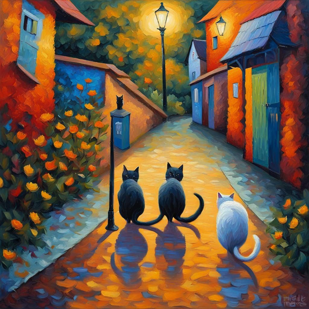 Cats and Mice in Neo-Impressionist Village Scene