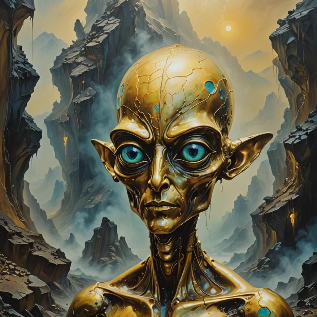 Surreal Golden Alien on Misty Terrain
