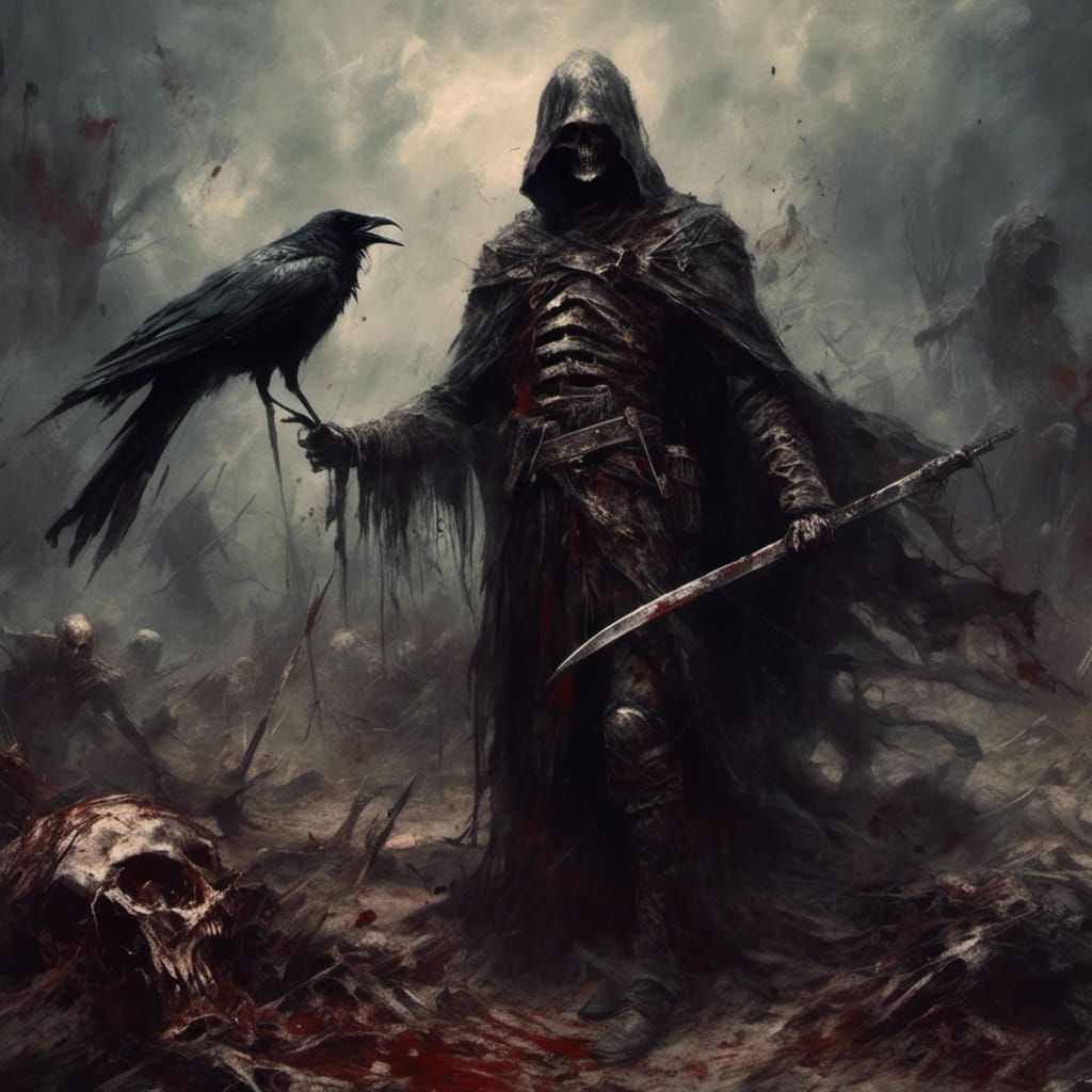 Fantasy <lora:Macabre:1.0> Warrior, his shadow in shape of g...