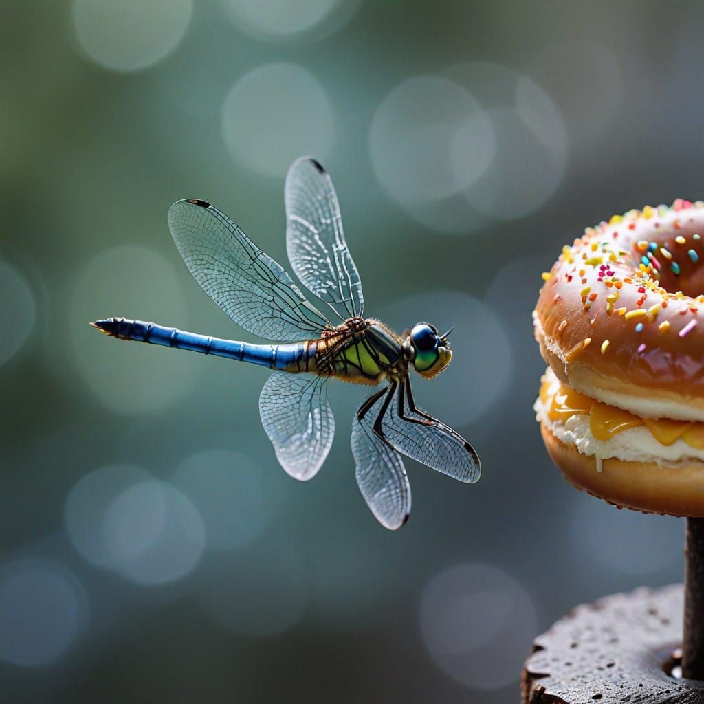 Iridescent Dragonfly in Mid-Air, Captured in Macro Style
