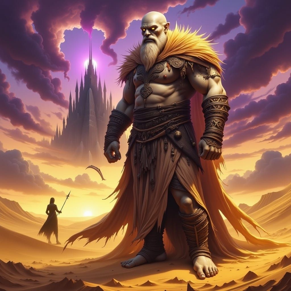 Dark Fantasy Desert Landscape with a Towering White Orc