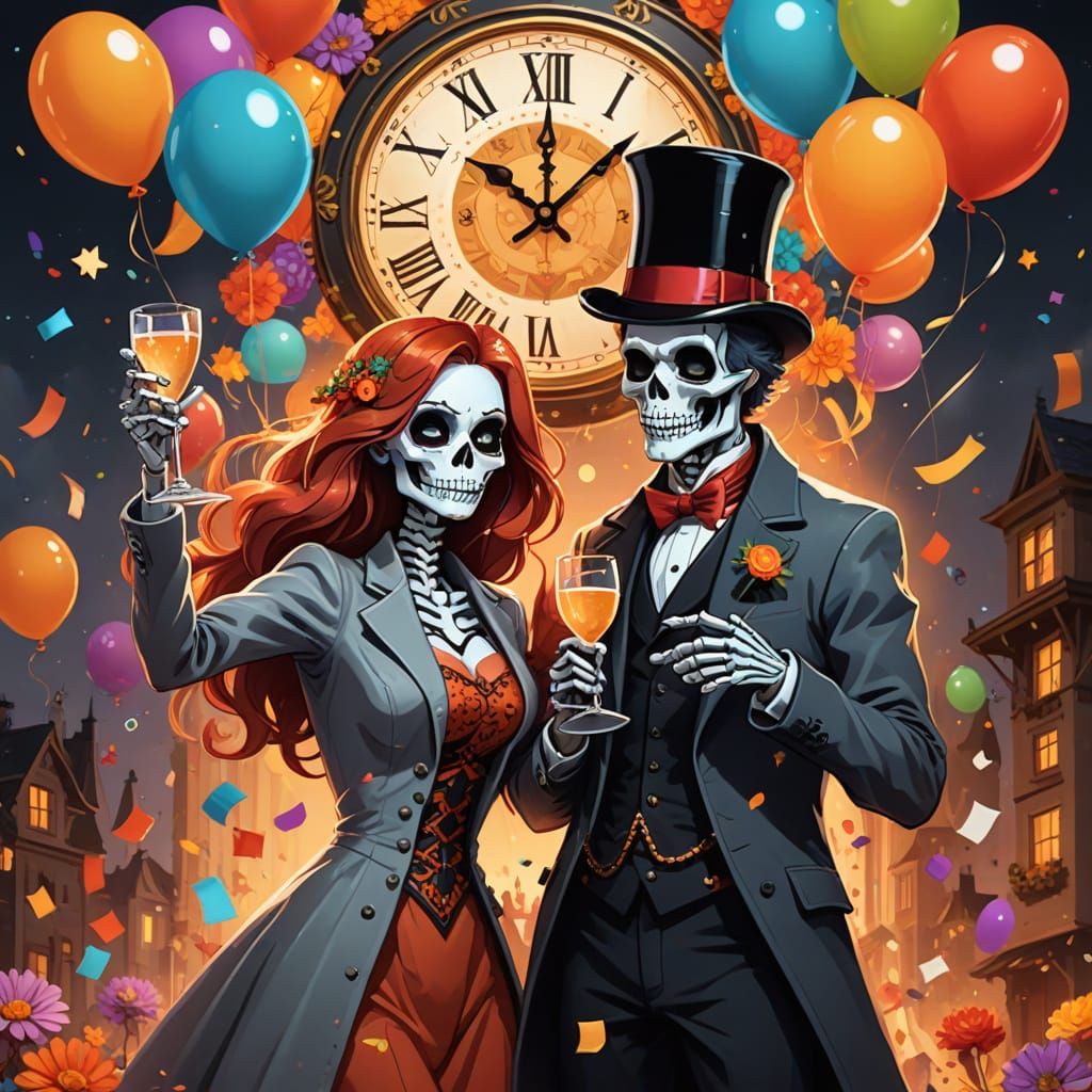 New Year's Eve Toast with Skeleton Faces