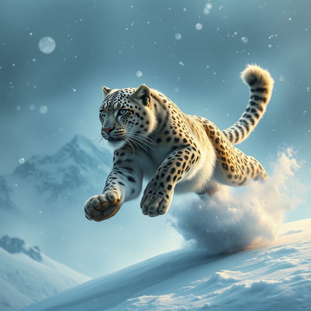 Majestic Snow Leopard Leaps Through Blizzard