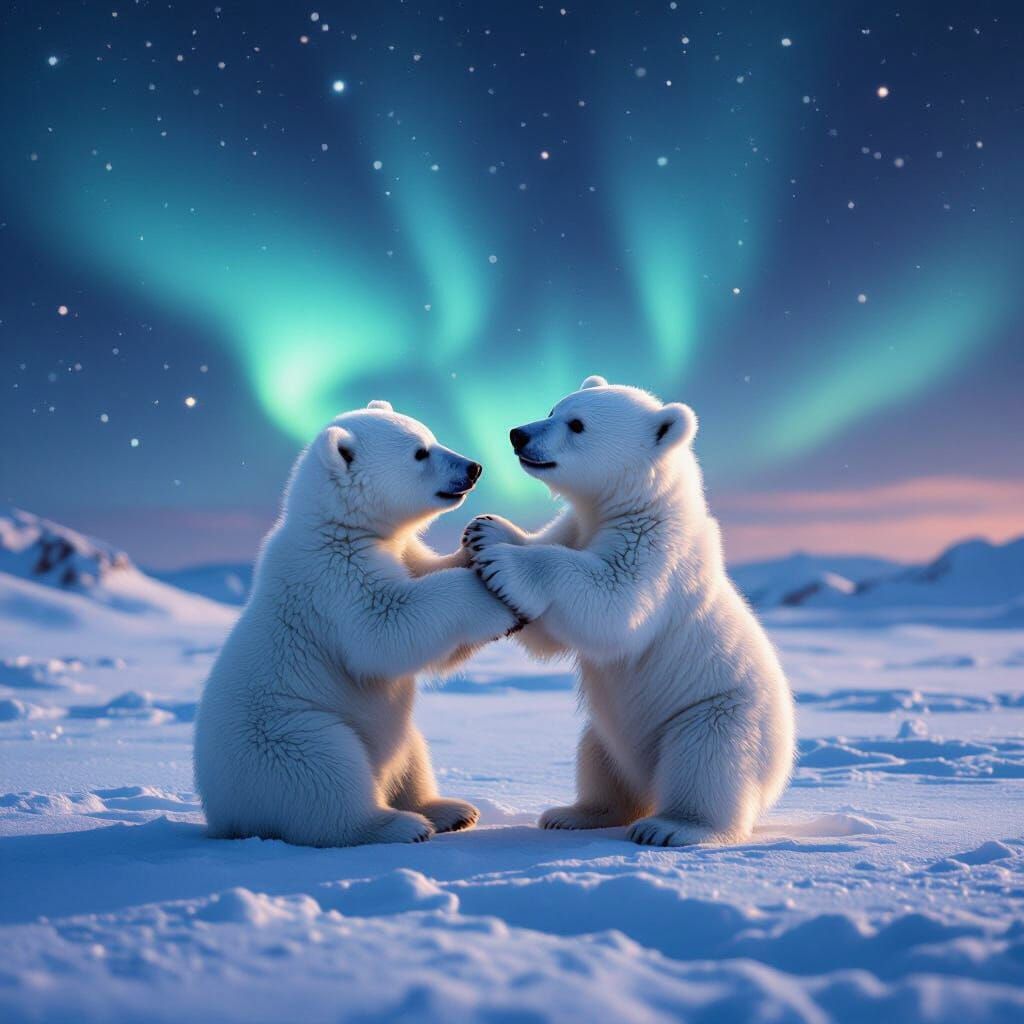 Polar Bear Cub Plays Under Aurora Borealis