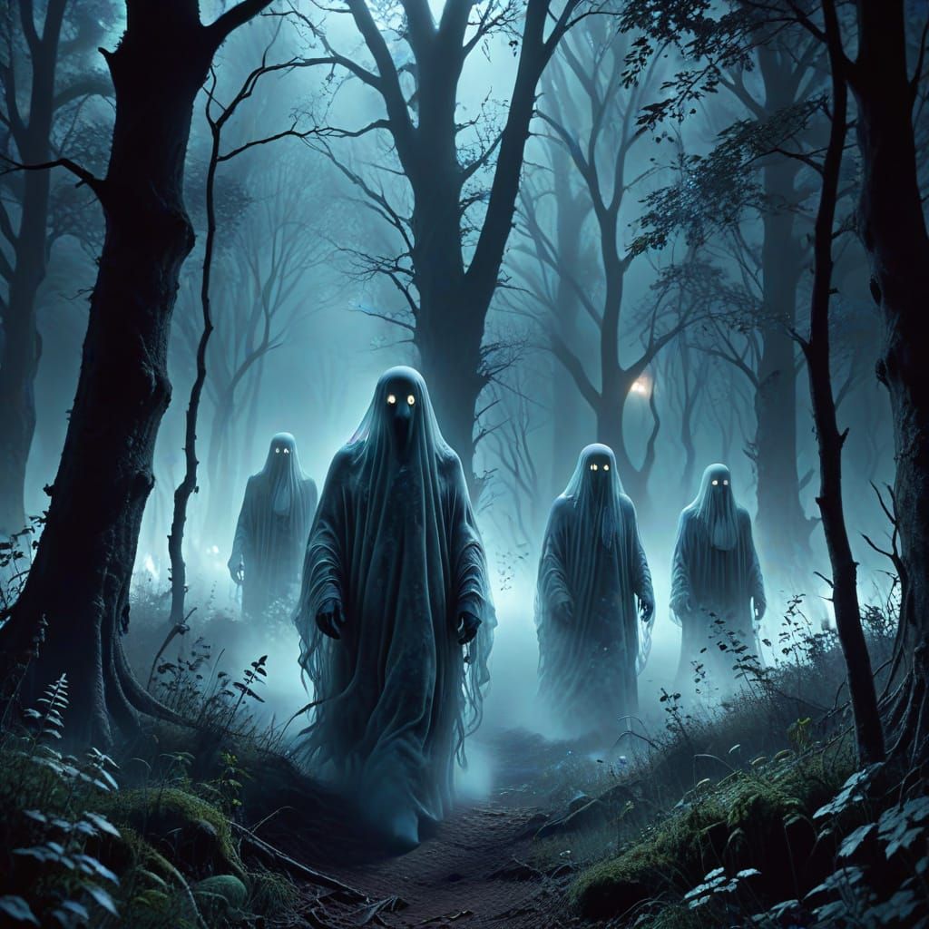 Eerie Ghosts Walk in a Moonlit Forest
