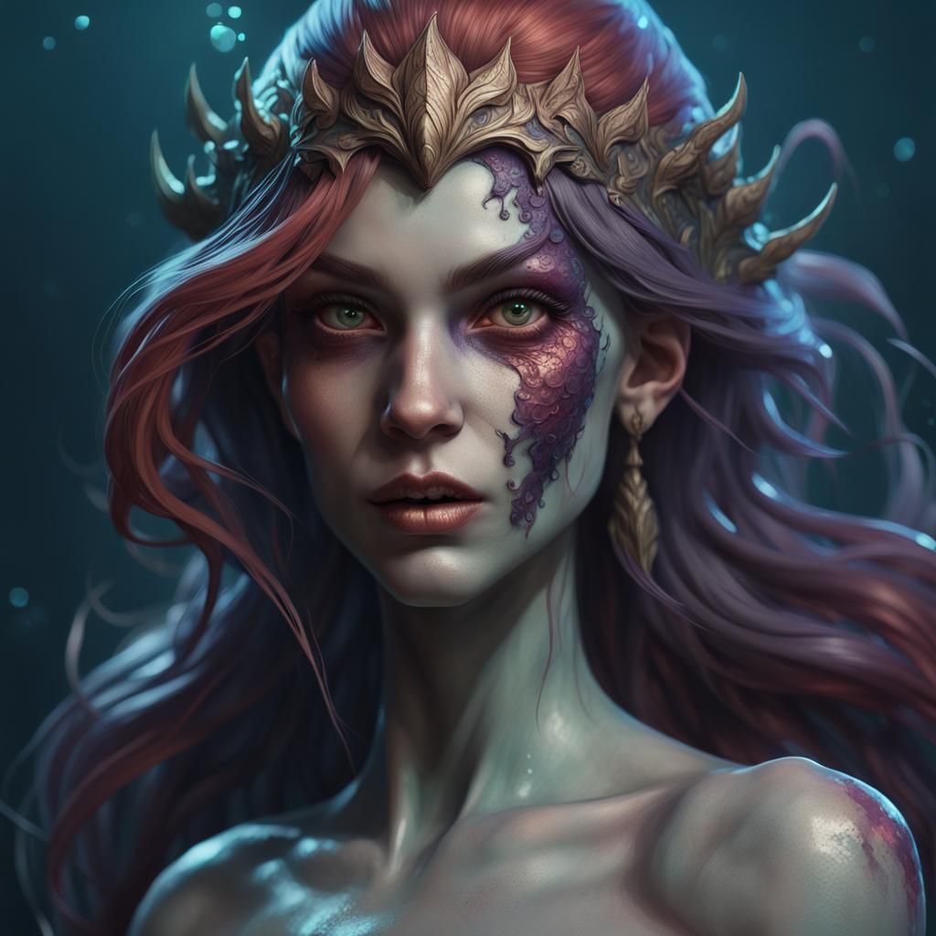 Demonic Undead Mermaid Portrait in Artstation Style