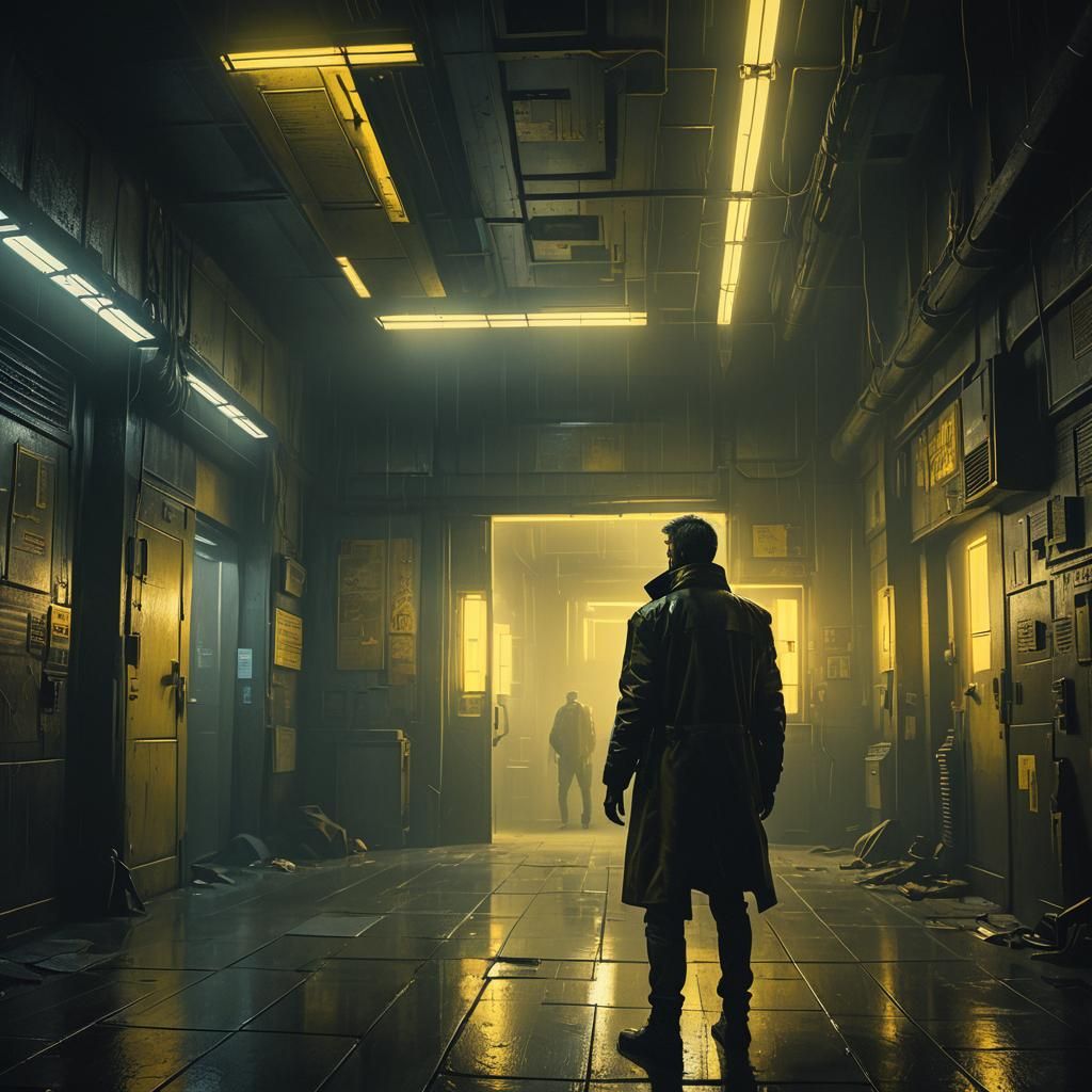 Dystopian Manager in Dimly Lit Cyberpunk Setting