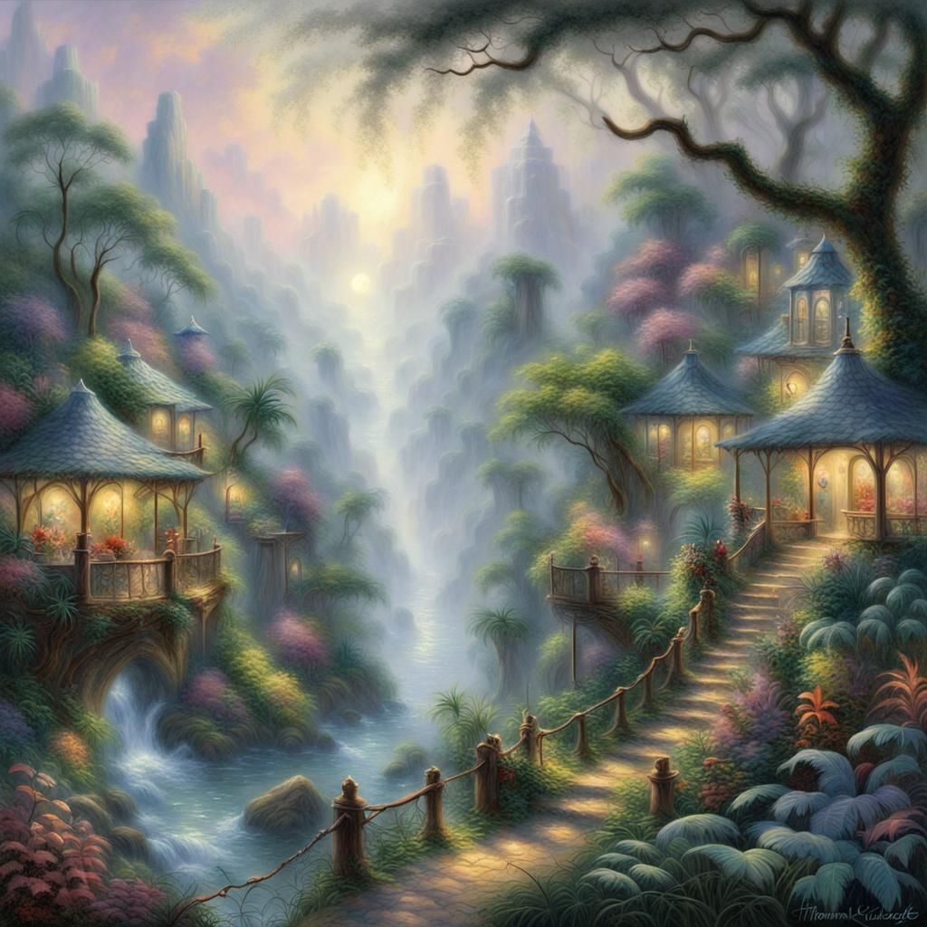 Ethereal Jungle Dreamscape in Thomas Kinkade Style