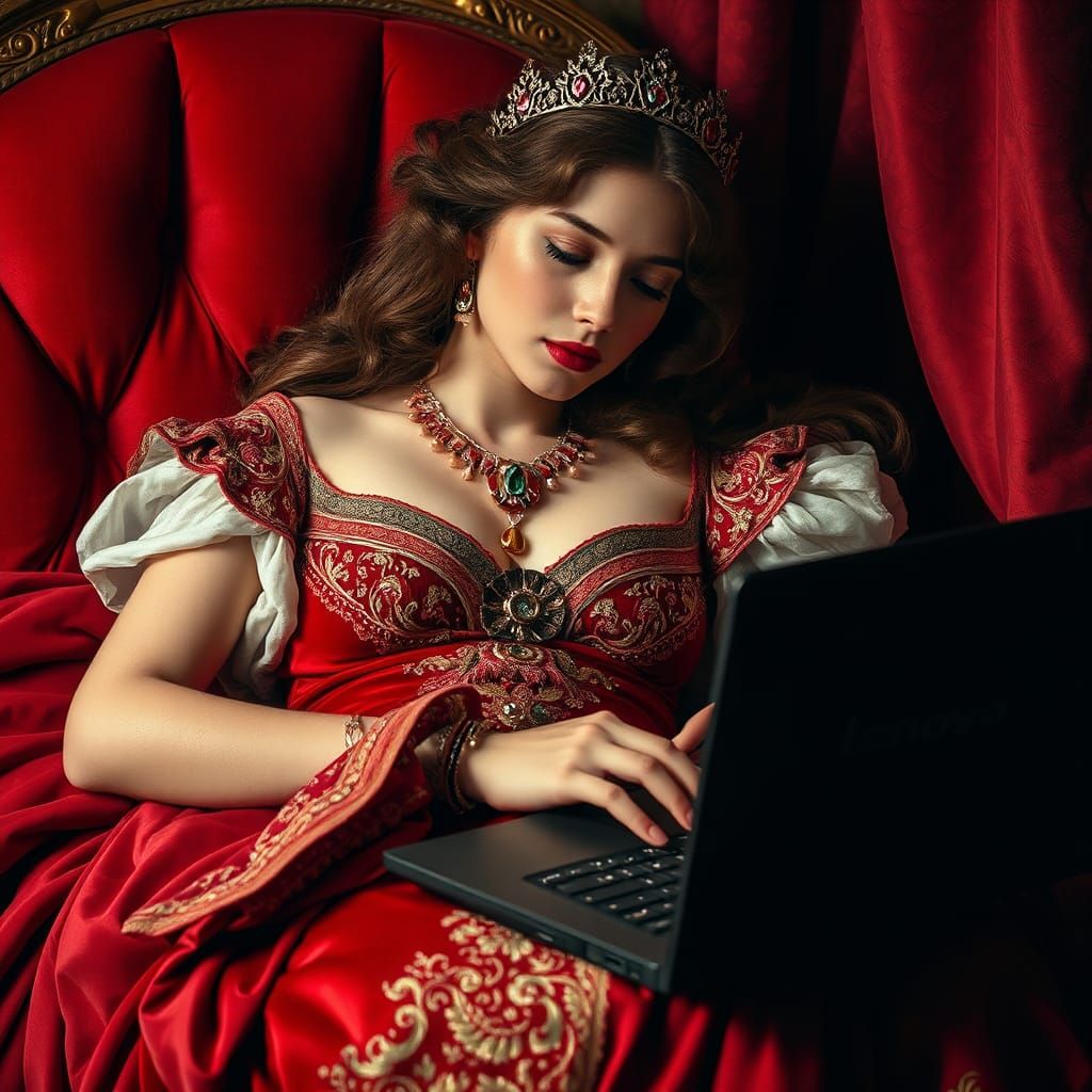 Pre-Raphaelite Woman Typing on Laptop in Art Nouveau Style