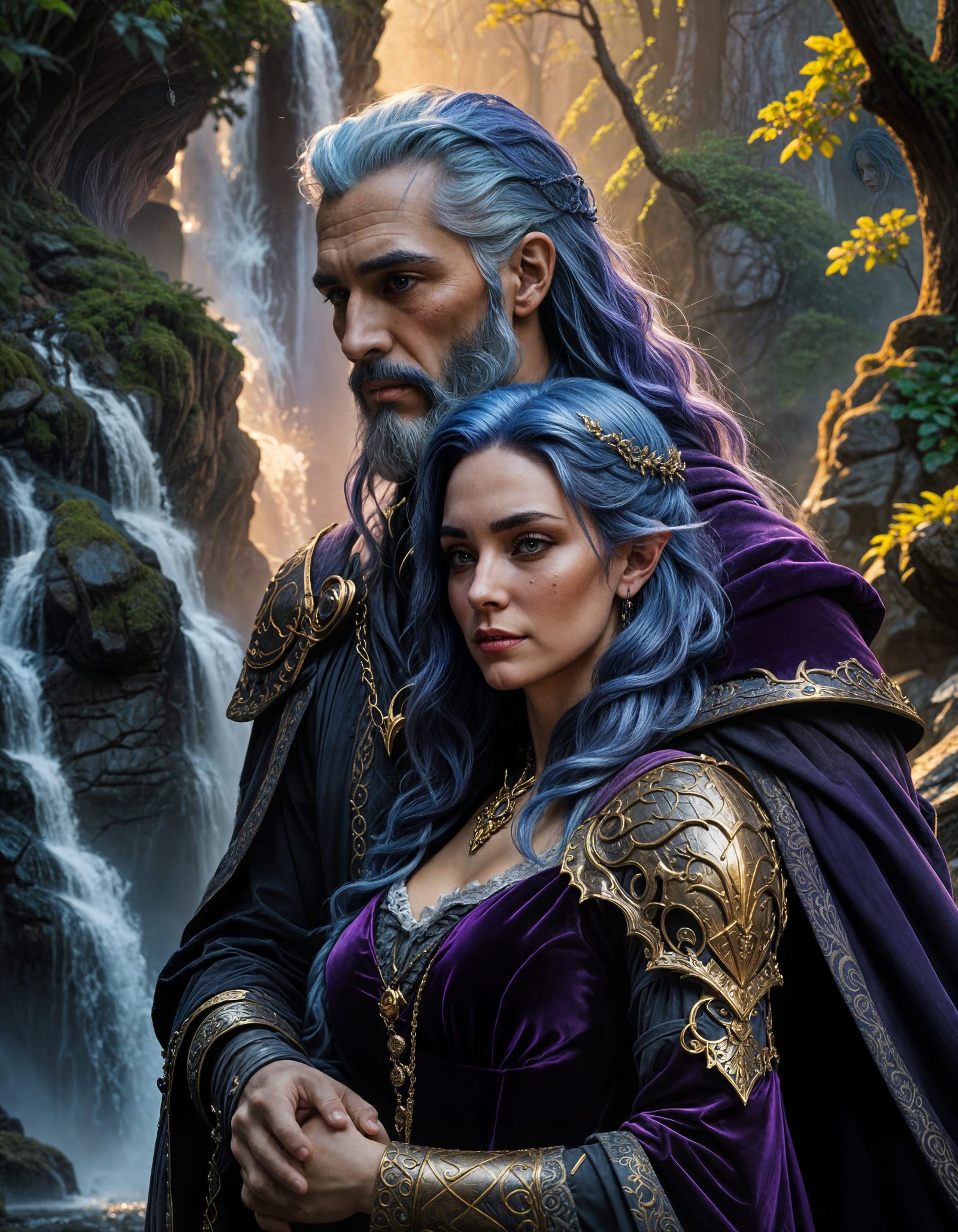 Fantasy Witch and Wizard Embrace in Oil Painting Style