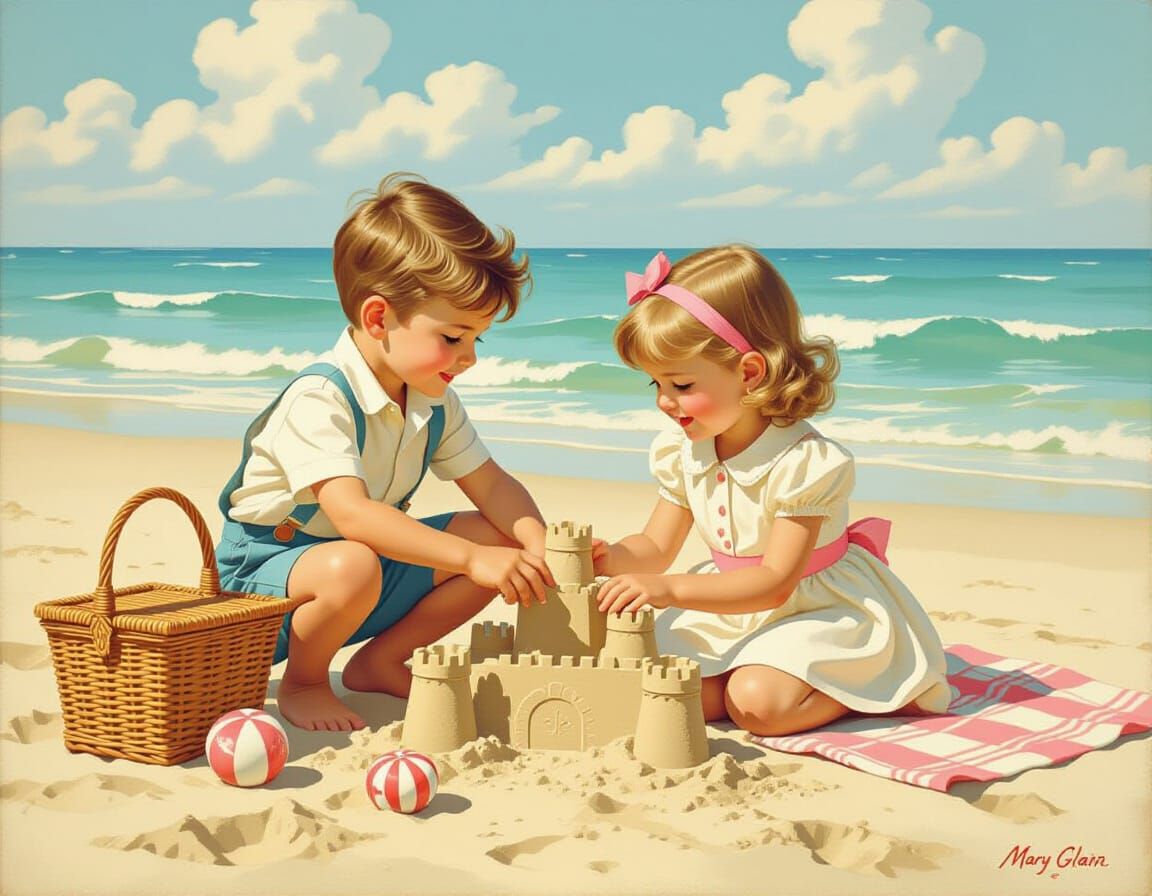 Children Building Sandcastles in Romantic Pin-Up Style