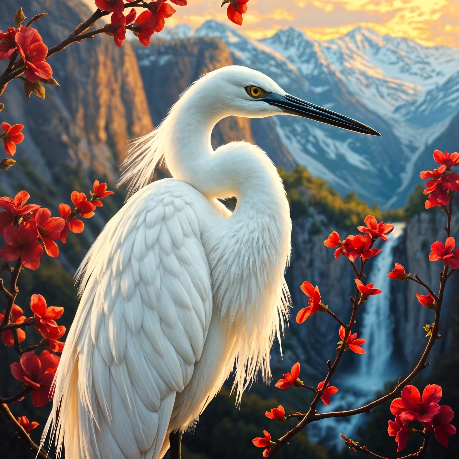 Vibrant Oil Painting of a Snowy Egret by Waterfalls