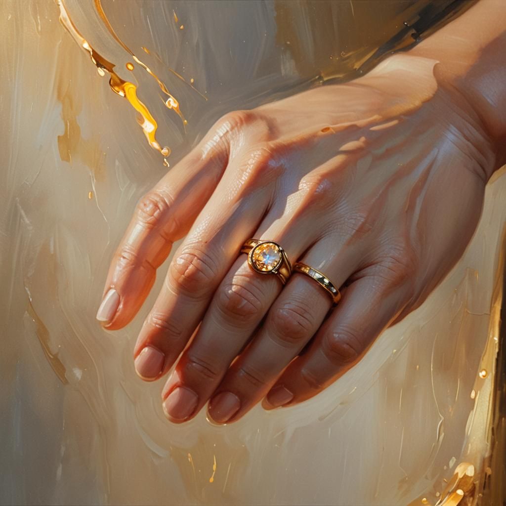 Glowing Ring Held in Gentle Hands as Oil Painting