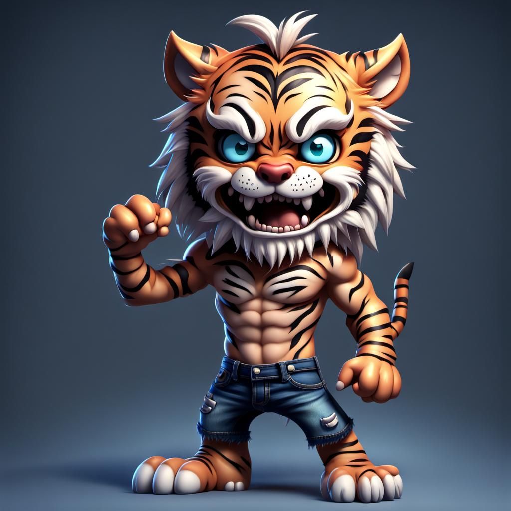 Evil Tiger-Human Child in 3D Chibi Style