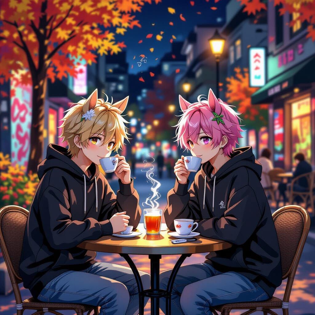 Anime Boys with Horse Ears at Night Cafe