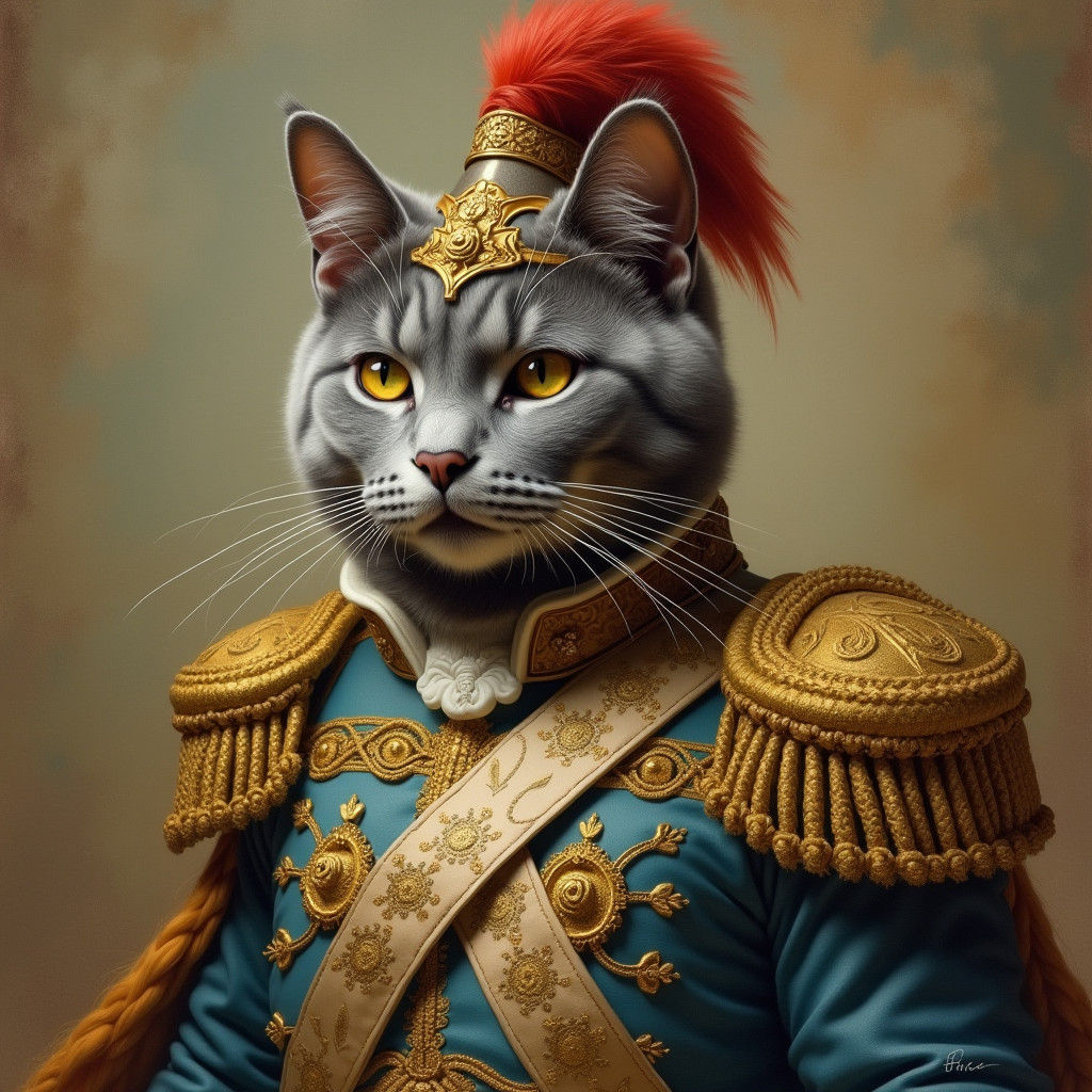 Regal Gray Cat in Military Uniform, 19th Century Style